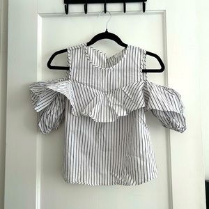 Club Monaco Striped Shoulder Cutout Ruffle Top